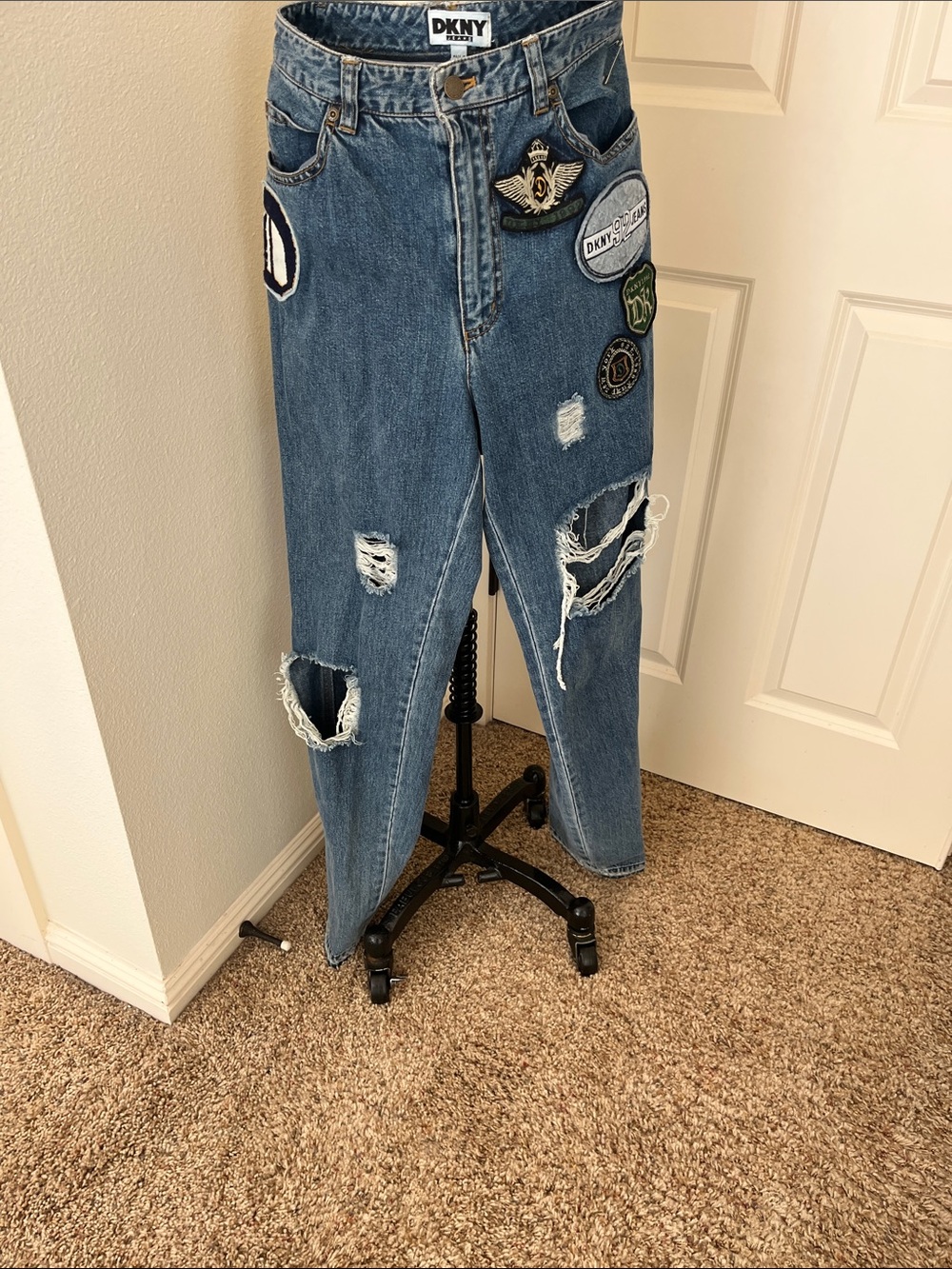 DKNY Light Blue Distressed Boyfriend Jeans with Patchwork Accents and vintage